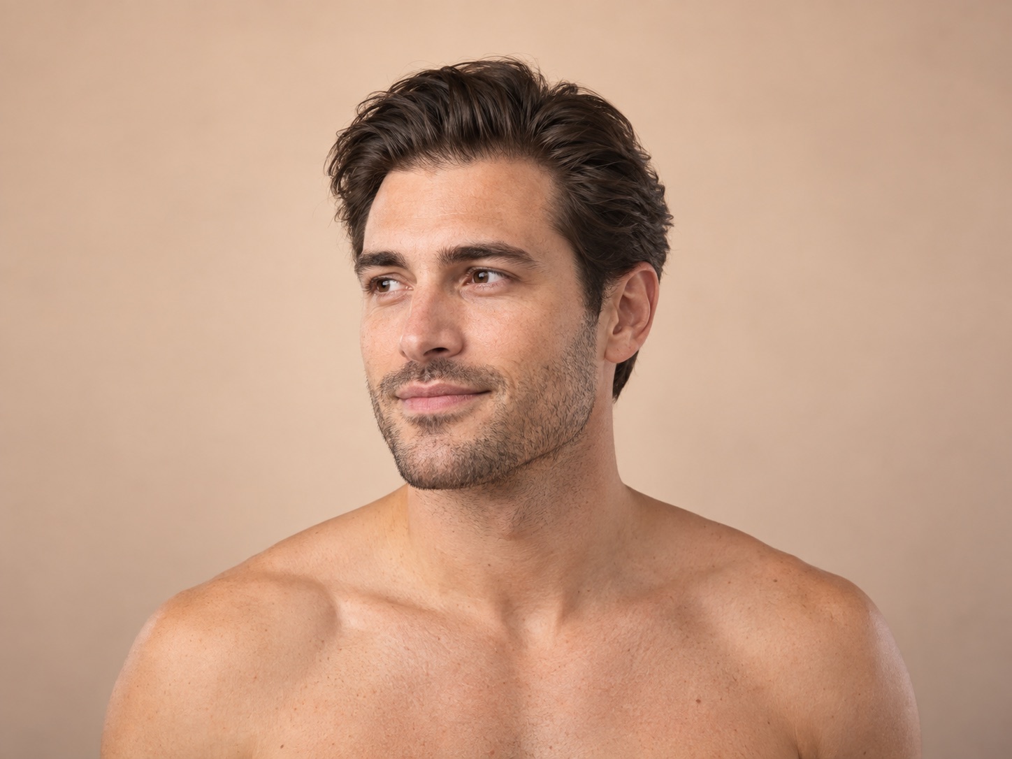 Color studio portrait of a man with swept-back brown hair against a warm neutral background